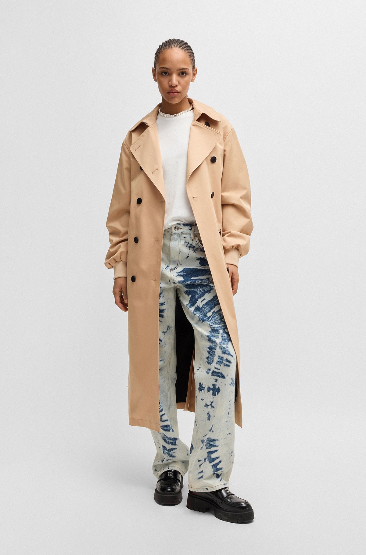 Oversized-fit double-breasted trench coat in cotton, Light Beige