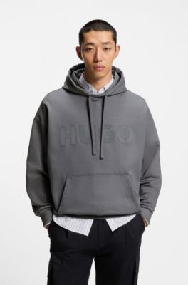 Oversized-fit hoodie in cotton terry with reflective logo, Grey