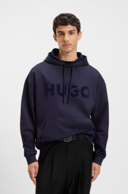 Oversized-fit hoodie in cotton terry with reflective logo, Dark Blue