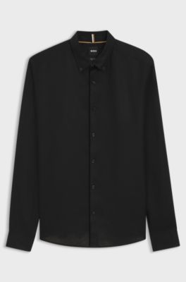 Chemise Regular &agrave; pointes boutonn&eacute;es en lin, Noir