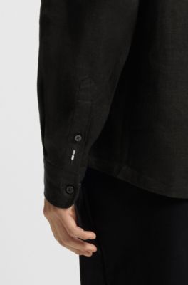 Chemise Regular &agrave; pointes boutonn&eacute;es en lin, Noir