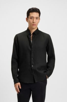 Chemise Regular &agrave; pointes boutonn&eacute;es en lin, Noir