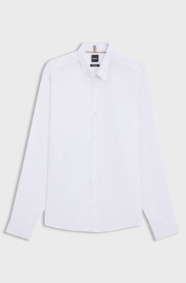 Camicia button down regular fit in lino, Bianco