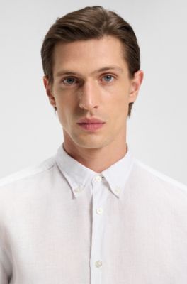 Regular-fit button-down shirt in linen, White