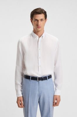 Regular-fit button-down shirt in linen, White