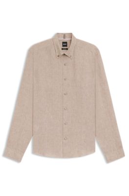 리넨 레귤러 핏 버튼 다운 셔츠, 베이지