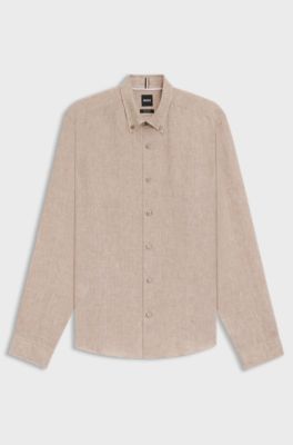 Camicia button down regular fit in lino, Beige