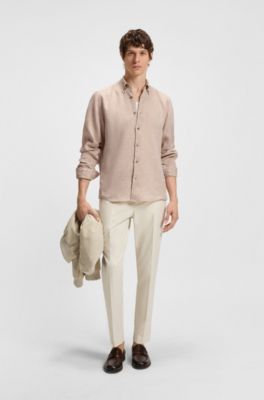 Regular-fit button-down shirt in linen, Beige