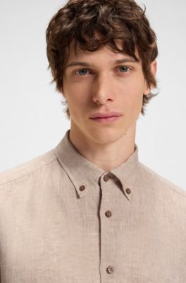 Camicia button down regular fit in lino, Beige