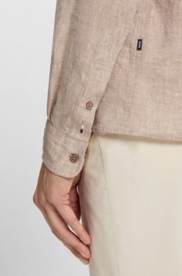 Chemise Regular &agrave; pointes boutonn&eacute;es en lin, Beige