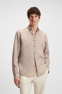 Camicia button down regular fit in lino, Beige