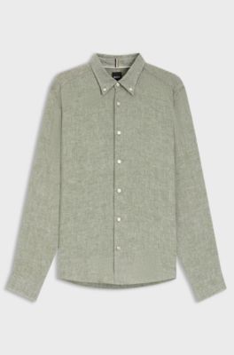 Regular-fit button-down shirt in linen, Light Green