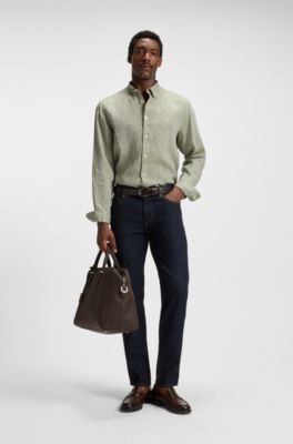 Regular-fit button-down shirt in linen, Light Green