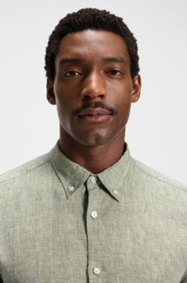 Regular-fit button-down shirt in linen, Light Green