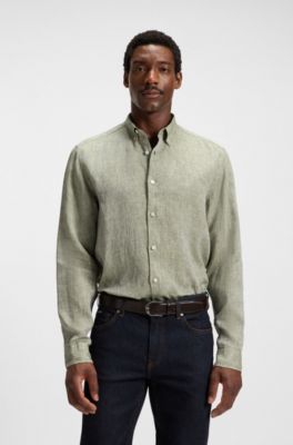 Regular-fit button-down shirt in linen, Light Green