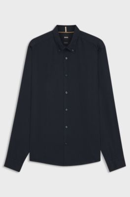 Regular-fit button-down shirt in linen, Dark Blue