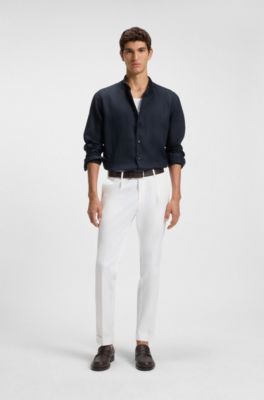 Chemise Regular &agrave; pointes boutonn&eacute;es en lin, Bleu fonc&eacute;