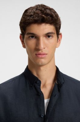 Chemise Regular &agrave; pointes boutonn&eacute;es en lin, Bleu fonc&eacute;