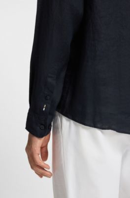 Regular-fit button-down shirt in linen, Dark Blue