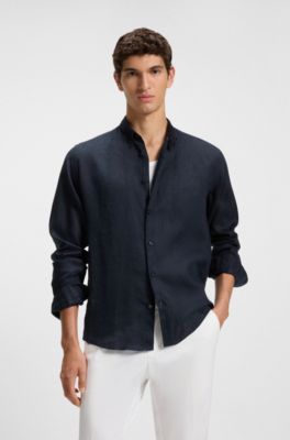 Regular-fit button-down shirt in linen, Dark Blue