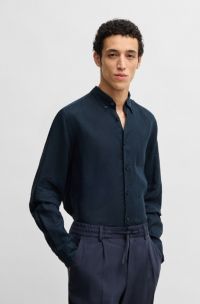 Regular-fit button-down shirt in linen, Dark Blue