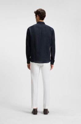 Regular-fit button-down shirt in linen, Dark Blue