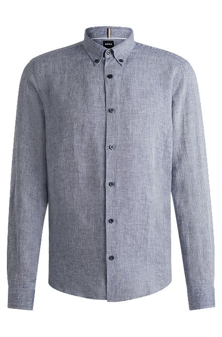 Regular-fit button-down shirt in linen, Dark Blue