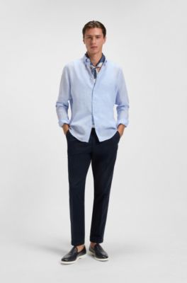 Regular-fit button-down shirt in linen, Light Blue