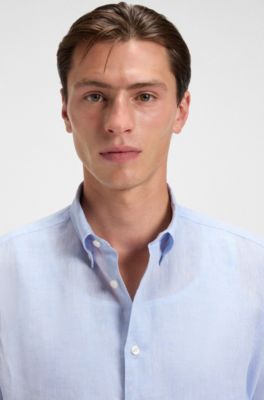 Regular-fit button-down shirt in linen, Light Blue
