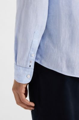 Regular-fit button-down shirt in linen, Light Blue