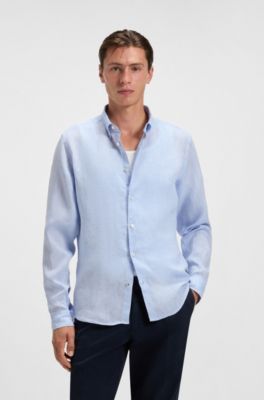 Regular-fit button-down shirt in linen, Light Blue