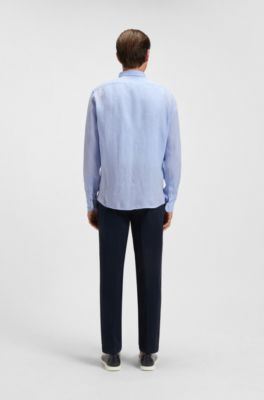 Camicia button down regular fit in lino, Celeste