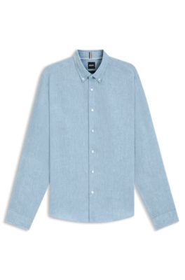 Regular-fit button-down shirt in linen, Light Blue