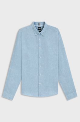 Regular-fit button-down shirt in linen, Light Blue