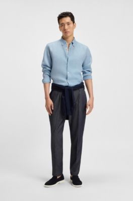 Regular-fit button-down shirt in linen, Light Blue
