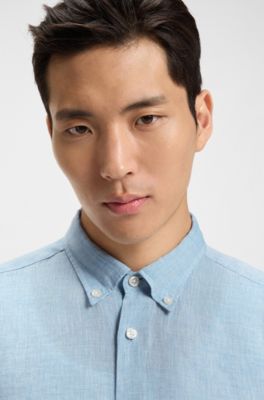 Chemise Regular &agrave; pointes boutonn&eacute;es en lin, bleu clair