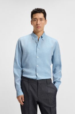 Regular-fit button-down shirt in linen, Light Blue