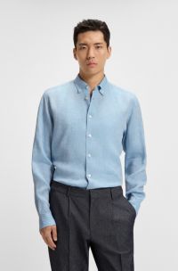 Camisa abotonada regular fit de lino, Celeste