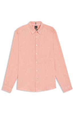 Regular-fit button-down shirt in linen, Coral