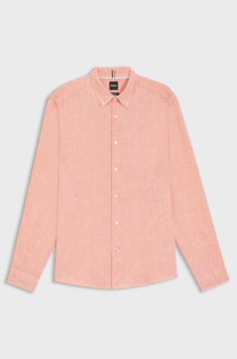 Regular-fit button-down shirt in linen, Coral