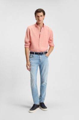 Regular-fit button-down shirt in linen, Coral