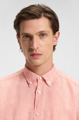 Regular-fit button-down shirt in linen, Coral