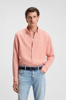 Regular-fit button-down shirt in linen, Coral