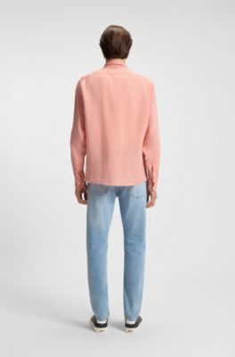 Regular-fit button-down shirt in linen, Coral