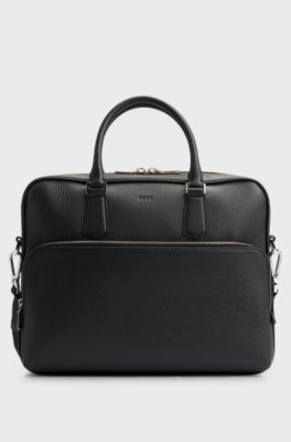 Borsa portadocumenti in pelle martellata con logo goffrato, Nero