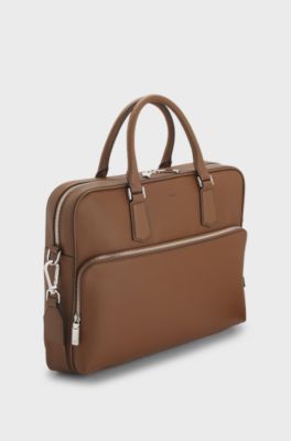 Grained-leather document case with embossed logo, Brown