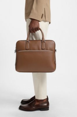 Grained-leather document case with embossed logo, Brown