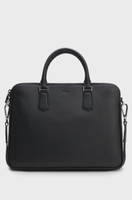 Borsa portadocumenti sottile in pelle italiana con logo goffrato, Nero