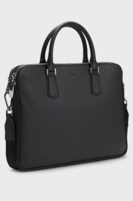 Borsa portadocumenti sottile in pelle italiana con logo goffrato, Nero