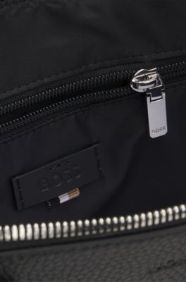 Borsa portadocumenti sottile in pelle italiana con logo goffrato, Nero